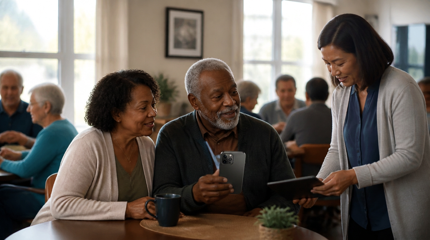 An older adult, his daughter, and a community-program coordinator discussing a simple daily check-in.